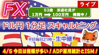 (4/5)ADP雇用統計とISM！ドル円1分足スキャルピング生中継（FXライブ配信）